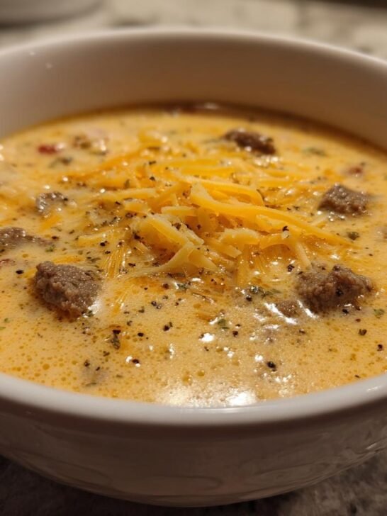 Close-up of a white bowl filled with rich, creamy Philly Cheese Steak Soup topped with shredded cheddar and black pepper.
