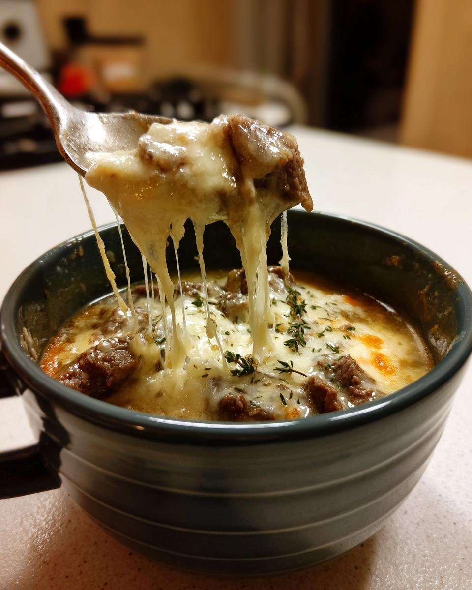 A spoonful of Creamy Philly Cheese Steak Soup showing melted cheese stretching between the spoon and the bowl.