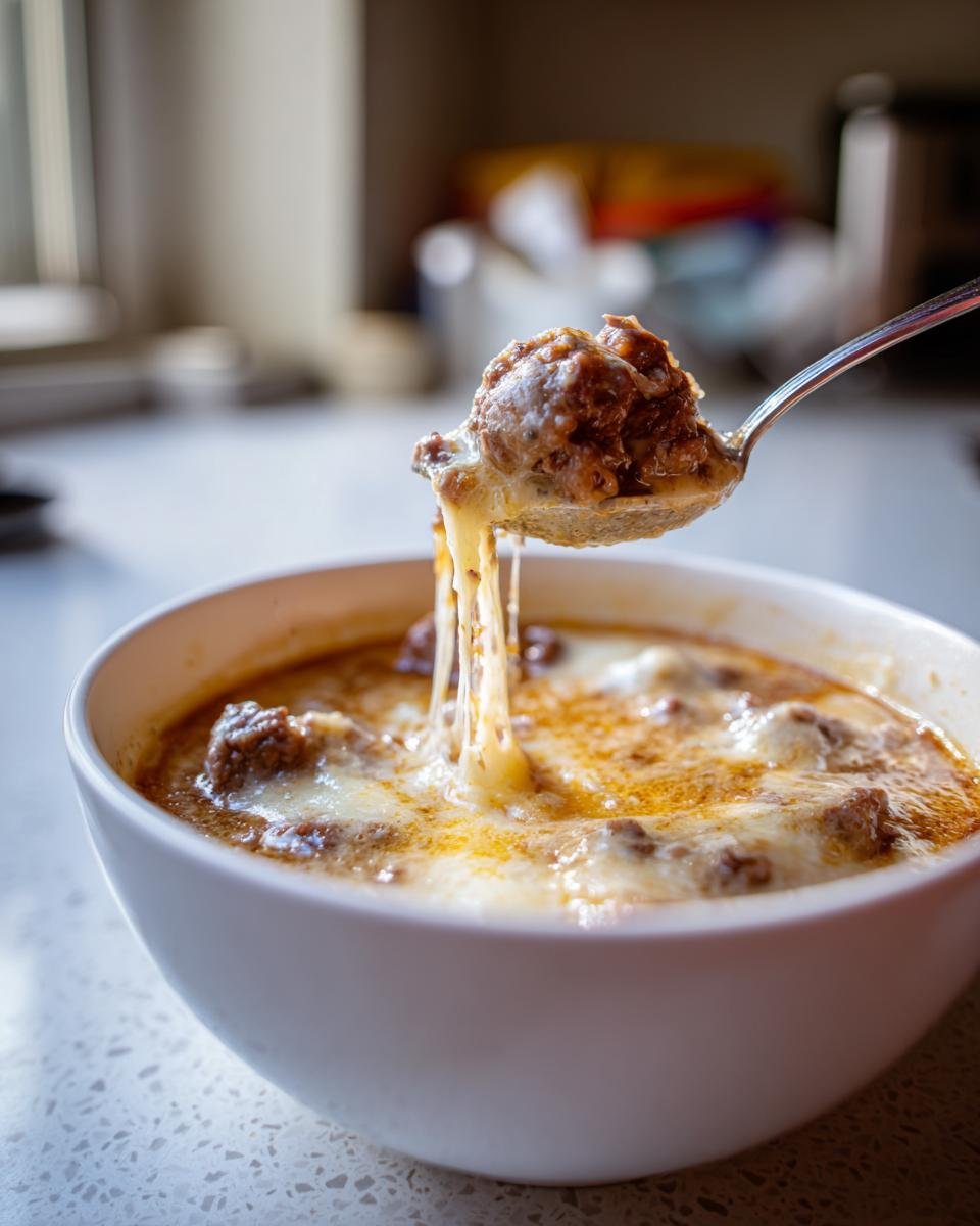 A spoonful of Creamy Philly Cheese Steak Soup showing melted cheese stretching between the spoon and the bowl.