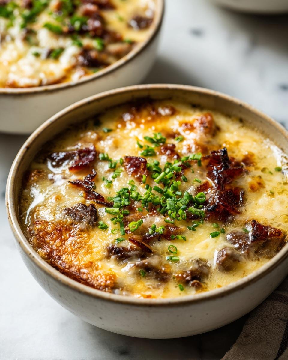 Close-up of a bowl of Creamy Philly Cheese Steak Soup topped with melted cheese, steak pieces, and fresh chives.