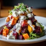 A vibrant mound of Creamy Roasted Beet Salad With Sweet Potato Feta, featuring roasted beets, orange sweet potatoes, feta crumbles, and creamy dressing.