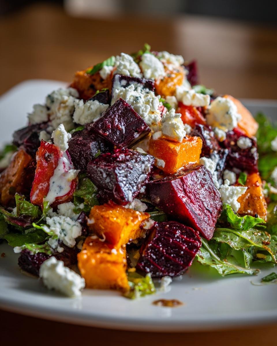 Close-up of a vibrant Creamy Roasted Beet Salad With Sweet Potato Feta, featuring dark beets, orange sweet potato cubes, and crumbled feta.