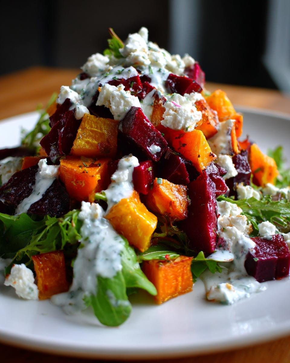 Close-up of a vibrant Creamy Roasted Beet Salad With Sweet Potato Feta, topped with crumbled feta and creamy dressing.