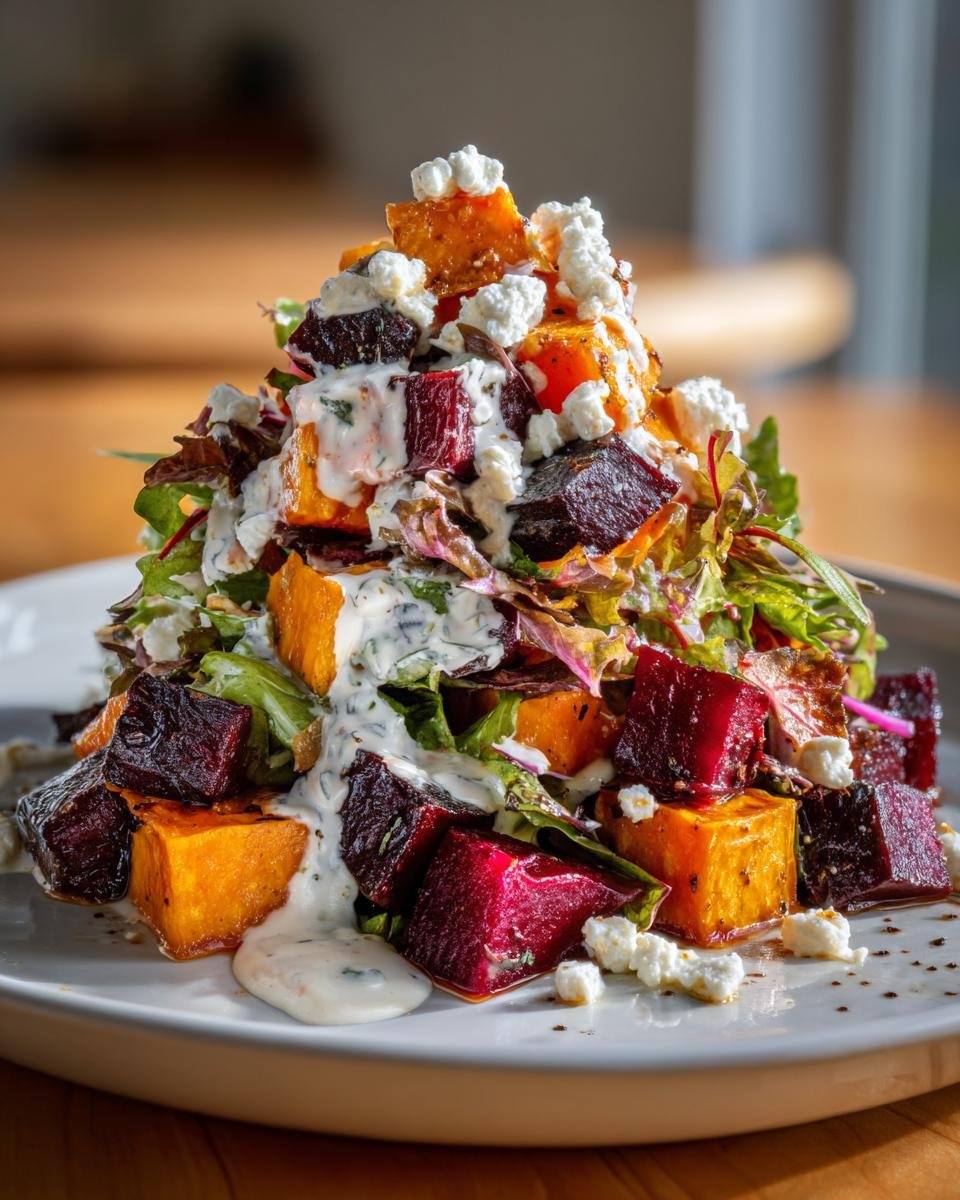 A tall stack of Creamy Roasted Beet Salad With Sweet Potato Feta, drizzled with creamy dressing and topped with feta.