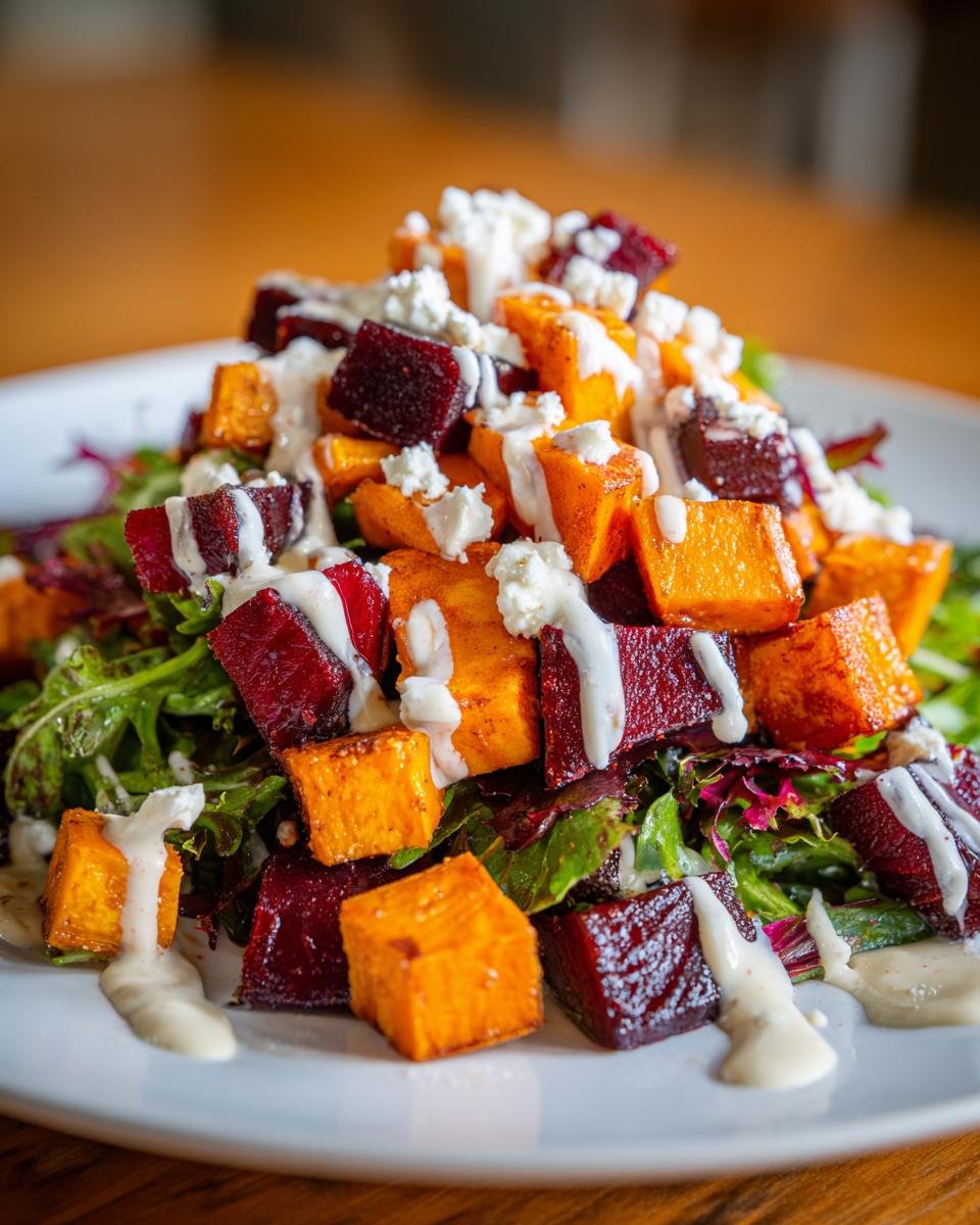 Close-up of Creamy Roasted Beet Salad With Sweet Potato Feta, featuring roasted cubes, feta, and creamy dressing on greens.
