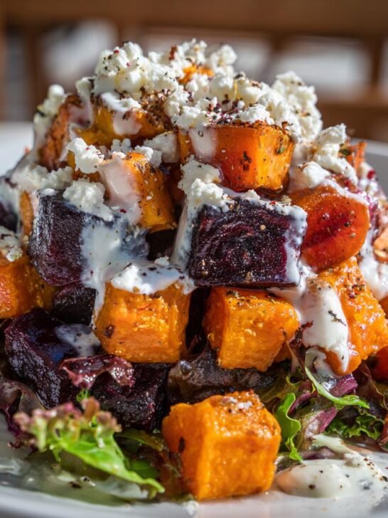 A vibrant stack of roasted beets and sweet potatoes topped with creamy dressing and crumbled feta in a Creamy Roasted Beet Salad.