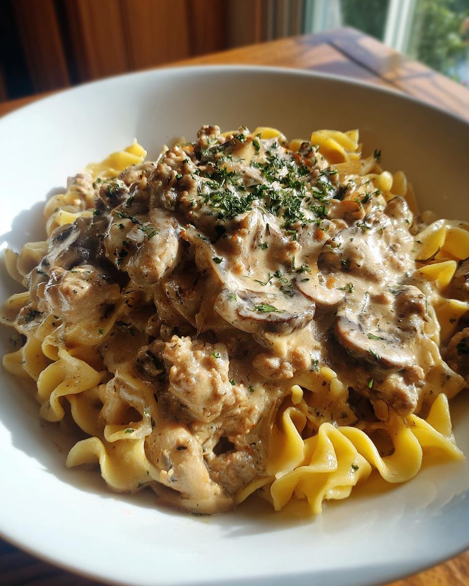 A close-up of a bowl filled with Creamy Turkey Stroganoff served over wide egg noodles and garnished with parsley.