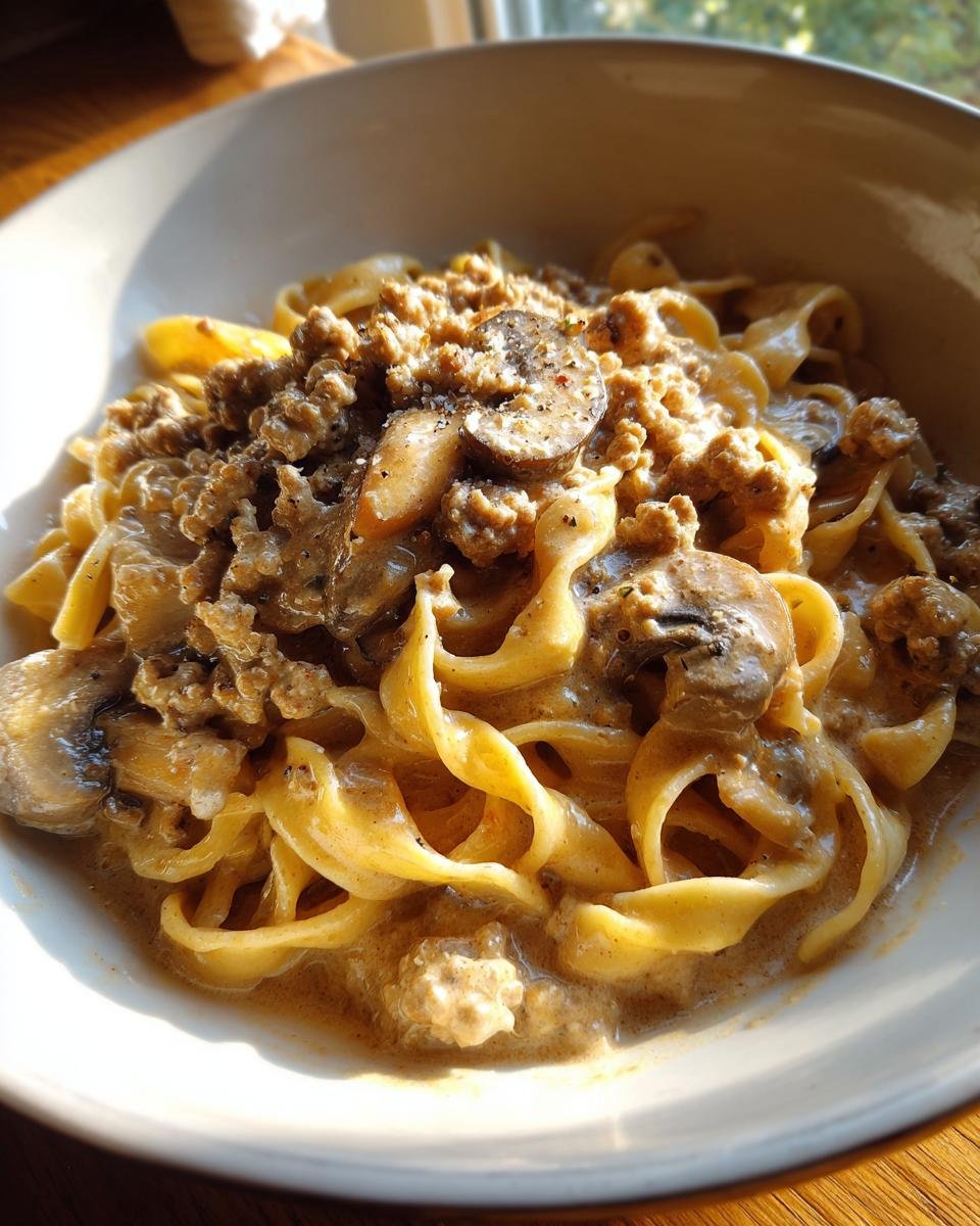 A close-up bowl of Creamy Turkey Stroganoff served over wide egg noodles, topped with ground turkey and sliced mushrooms.