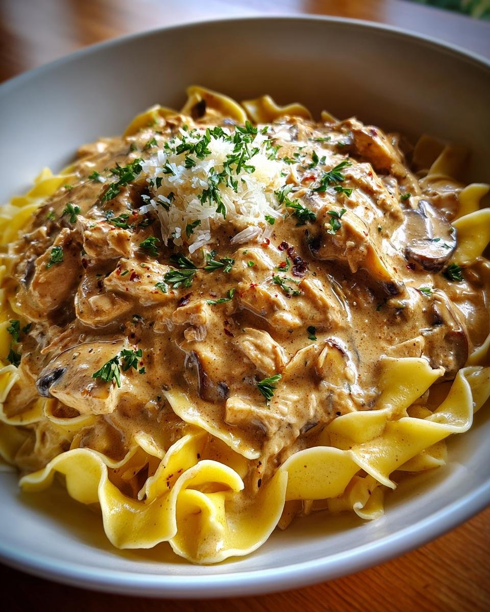 Close-up of a bowl of Creamy Turkey Stroganoff served over wide egg noodles, topped with parsley and Parmesan.