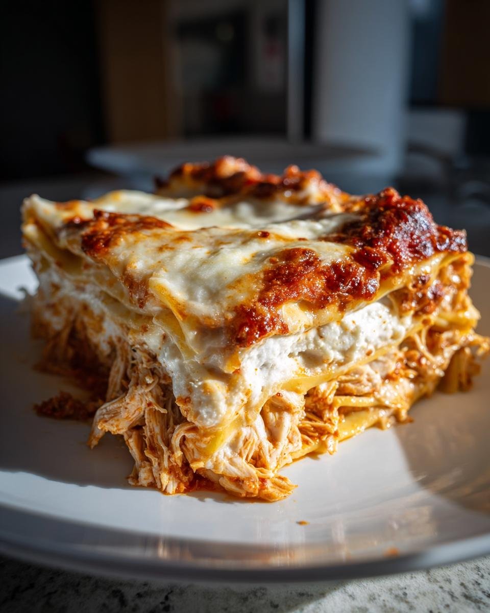 Close-up of a thick slice of Creamy White Chicken Lasagna showing layers of pasta, creamy filling, and shredded chicken.