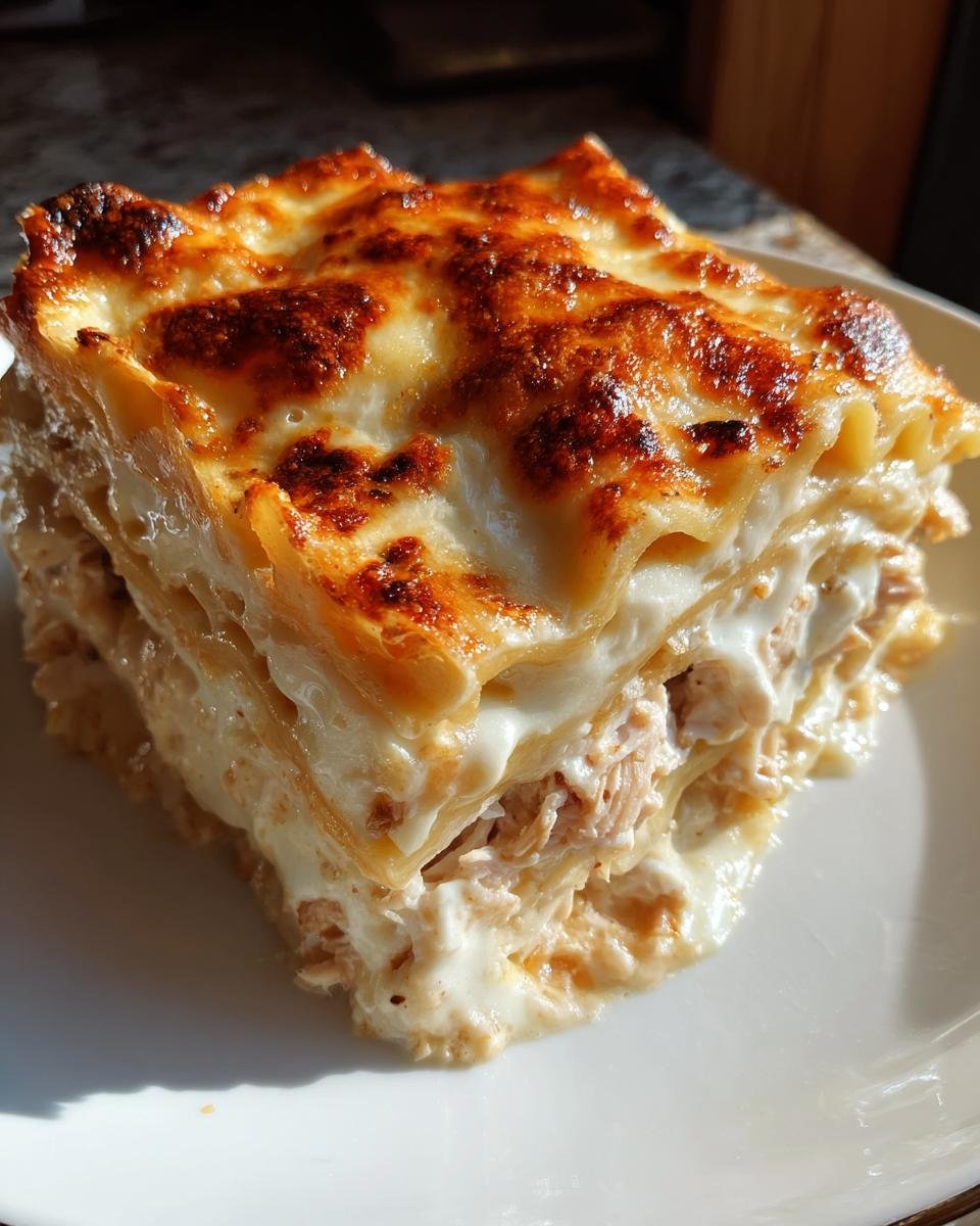 A close-up of a square serving of Creamy White Chicken Lasagna with a golden-brown, bubbly cheese top.