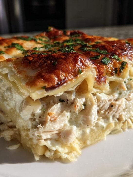 A generous slice of Creamy White Chicken Lasagna showing layers of pasta, rich white sauce, and shredded chicken, topped with browned cheese and parsley.