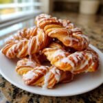 A pile of golden brown Crescent Cinnamon Twists drizzled generously with white icing on a white plate.