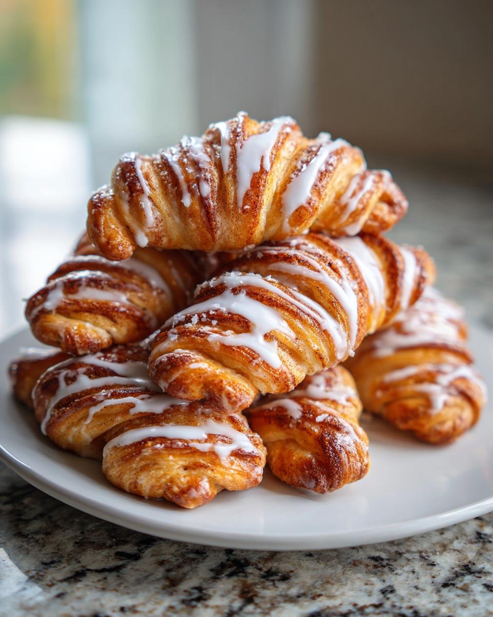 A stack of freshly baked Crescent Cinnamon Twists drizzled with white icing on a white plate.