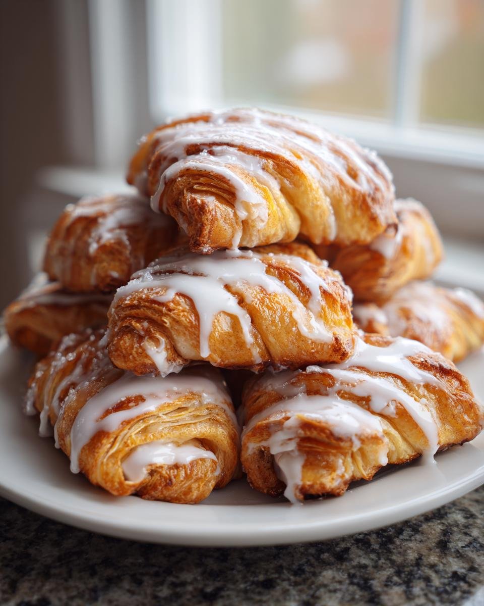 A stack of golden brown Crescent Cinnamon Twists drizzled with thick white icing on a white plate.