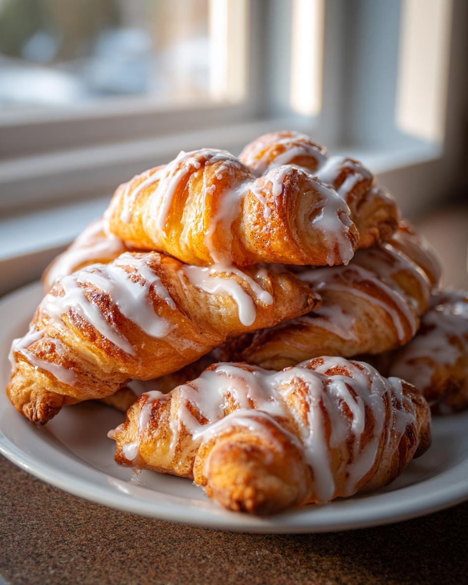 A stack of freshly baked Crescent Cinnamon Twists drizzled generously with white icing, sitting on a white plate.