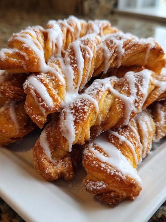 A stack of golden brown Crescent Cinnamon Twists drizzled with white icing and dusted with powdered sugar.