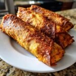 Three golden-brown, crispy Buffalo Chicken Dip Egg Rolls served on a white plate.