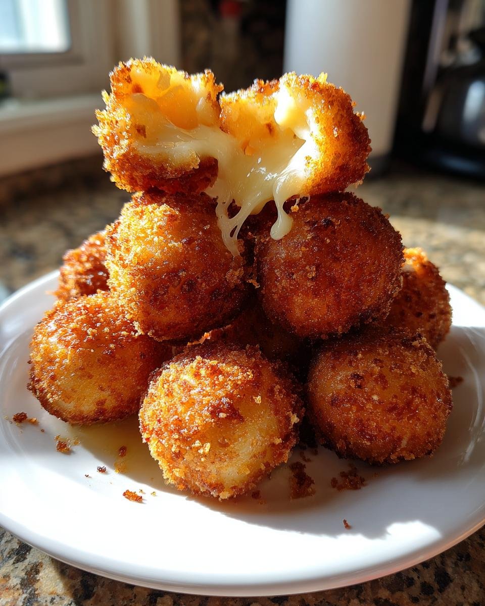 A stack of golden brown Crispy Fried Cheese Balls with one broken open showing melted, gooey cheese stretching out.