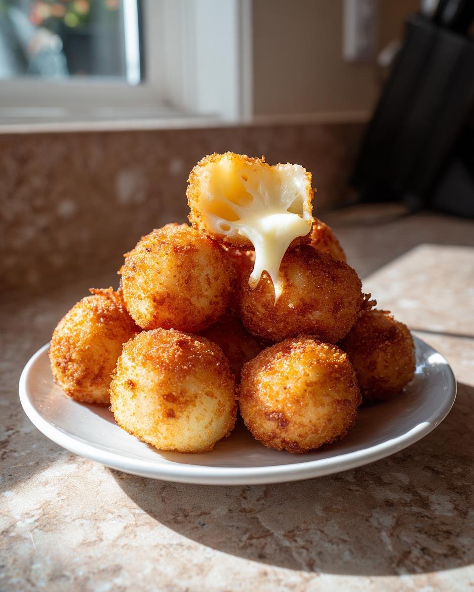 A stack of golden brown Crispy Fried Cheese Balls on a white plate, with one broken open showing melted, stretching cheese.