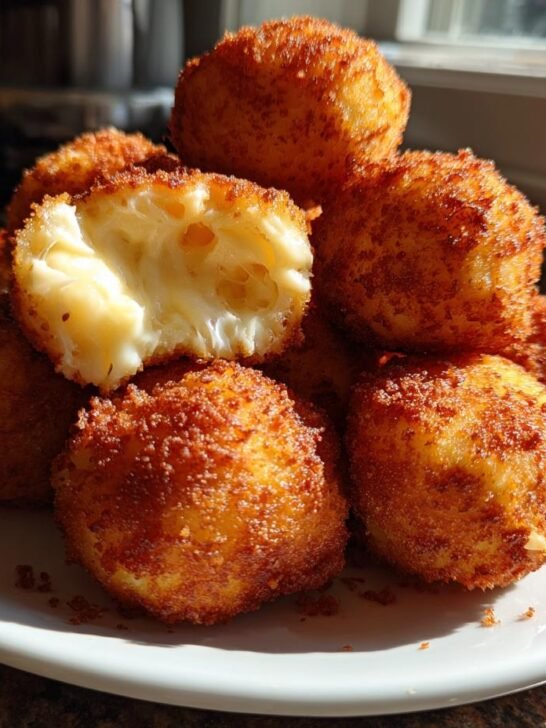 A pile of golden brown Crispy Fried Cheese Balls on a white plate, one is broken open showing the melted cheese inside.