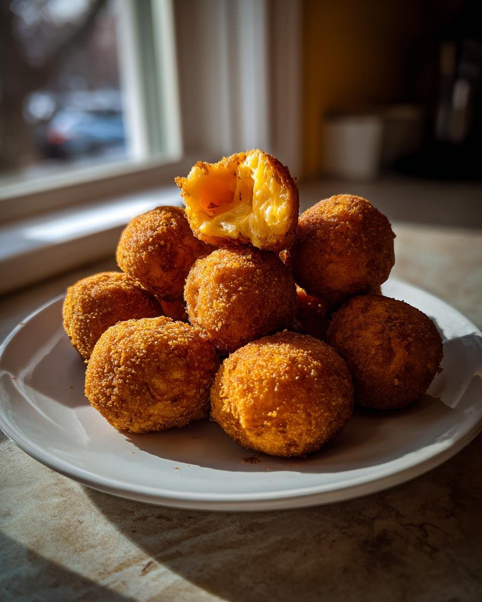 A stack of golden brown Crispy Fried Cheese Balls on a white plate, one is broken open showing melted cheese inside.