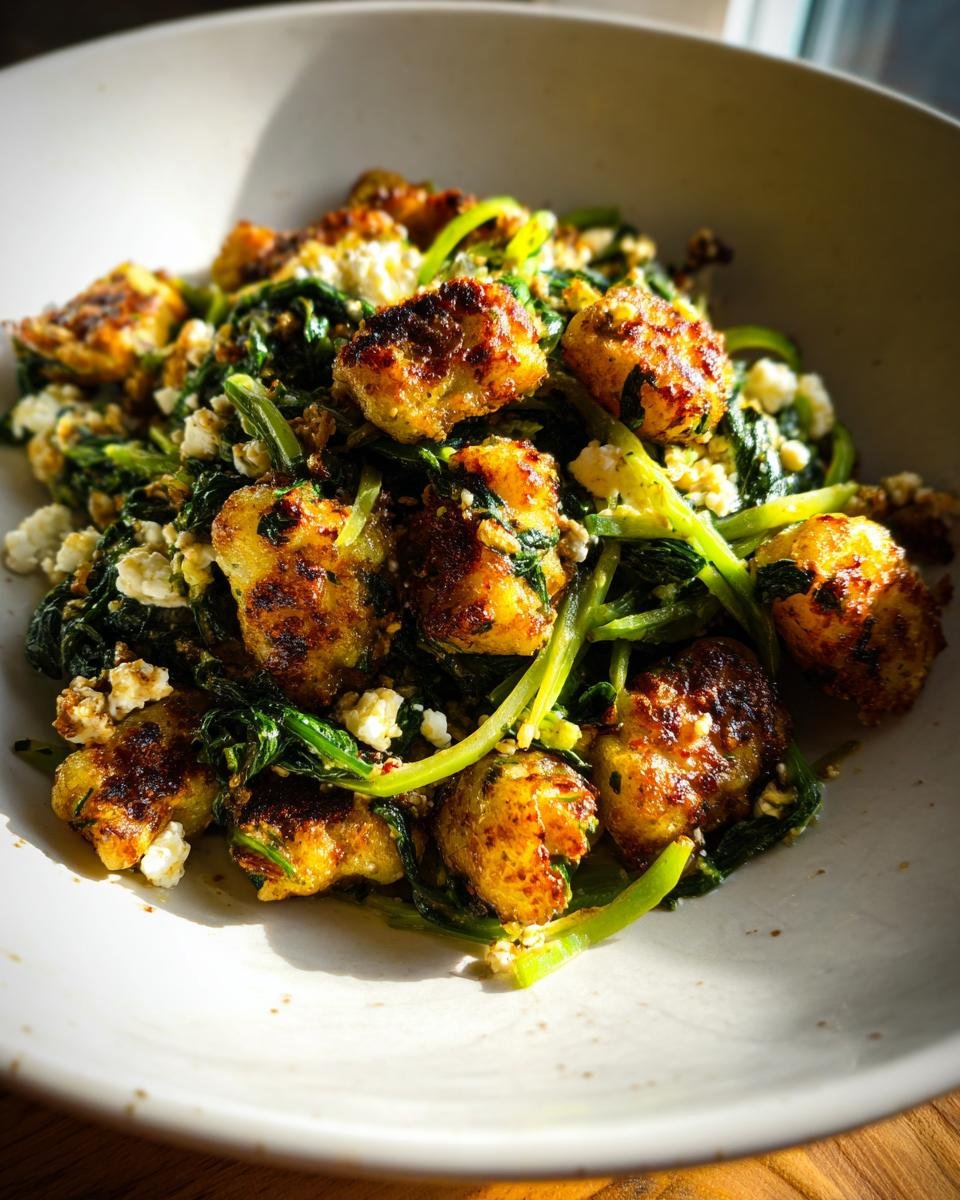 Close-up of golden brown Crispy Gnocchi With Spinach Feta served in a light-colored bowl.
