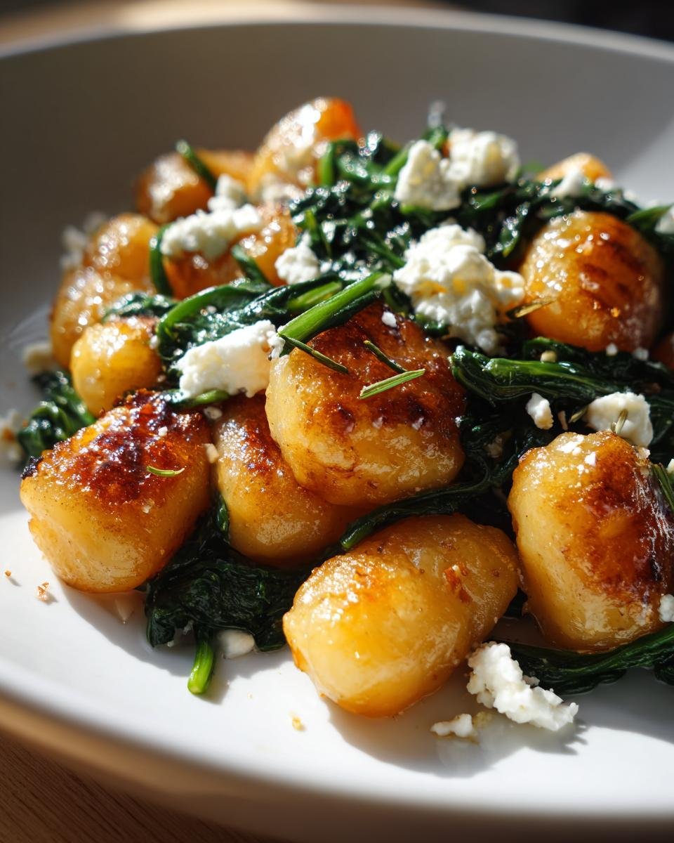 Golden, pan-fried Crispy Gnocchi With Spinach Feta served in a white bowl under bright light.