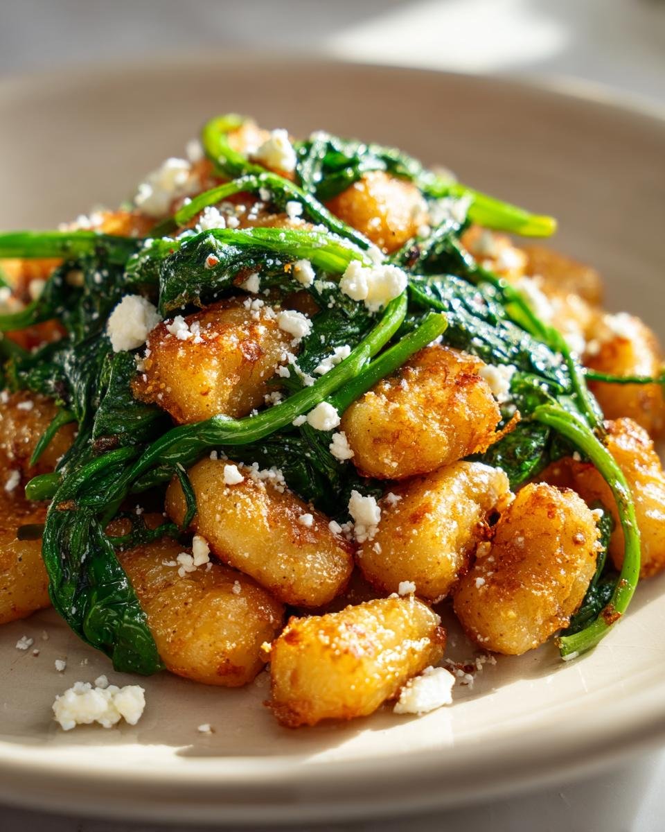 Golden brown, pan-fried Crispy Gnocchi With Spinach Feta topped with crumbled white cheese.