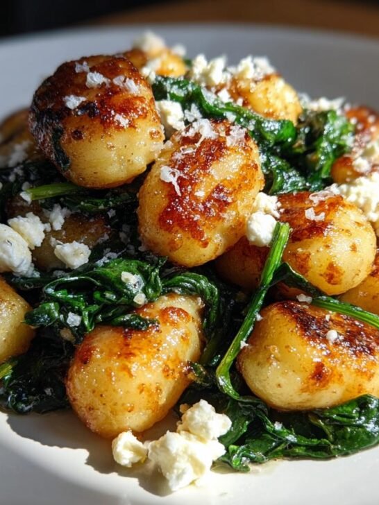 Golden brown, crispy gnocchi tossed with wilted spinach and crumbled feta cheese.