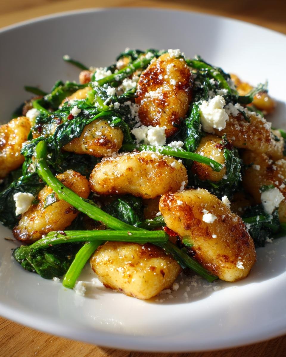 Close-up of pan-fried Crispy Gnocchi With Spinach Feta, topped with crumbled feta cheese, served in a white bowl.