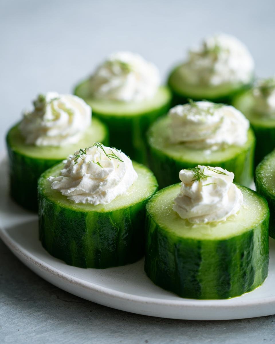 Several thick slices of cucumber topped with piped cream cheese and fresh dill, ready to serve as Dilly Cucumber Bites.