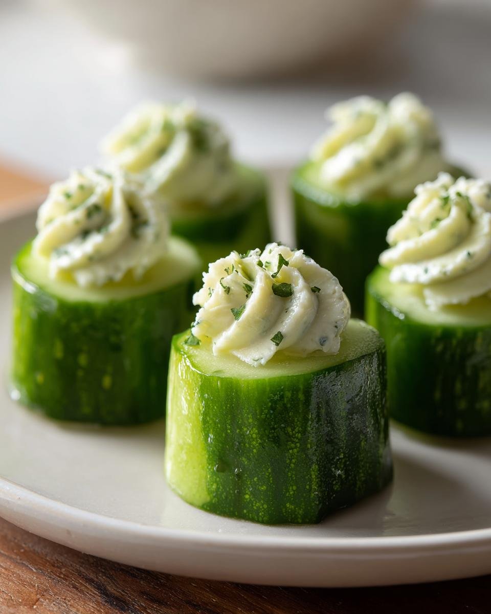 Close-up of several Dilly Cucumber Bites featuring thick cucumber rounds topped with piped dill cream cheese.