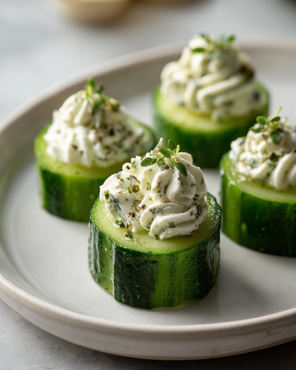 Four Dilly Cucumber Bites made from thick cucumber slices topped with herbed cream cheese and fresh dill sprigs.
