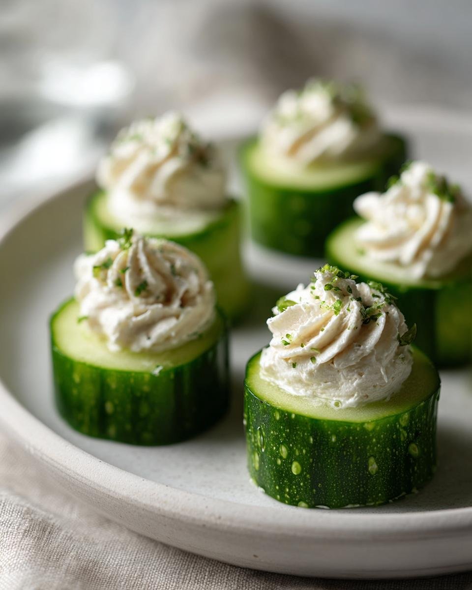 Four Dilly Cucumber Bites featuring thick cucumber slices topped with piped cream cheese and fresh dill garnish.