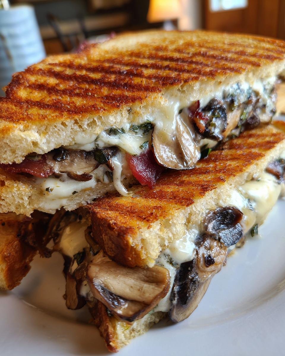 Close-up of a halved Double Bacon Swiss Mushroom Melt showing melted Swiss cheese, bacon, and saut&eacute;ed mushrooms.