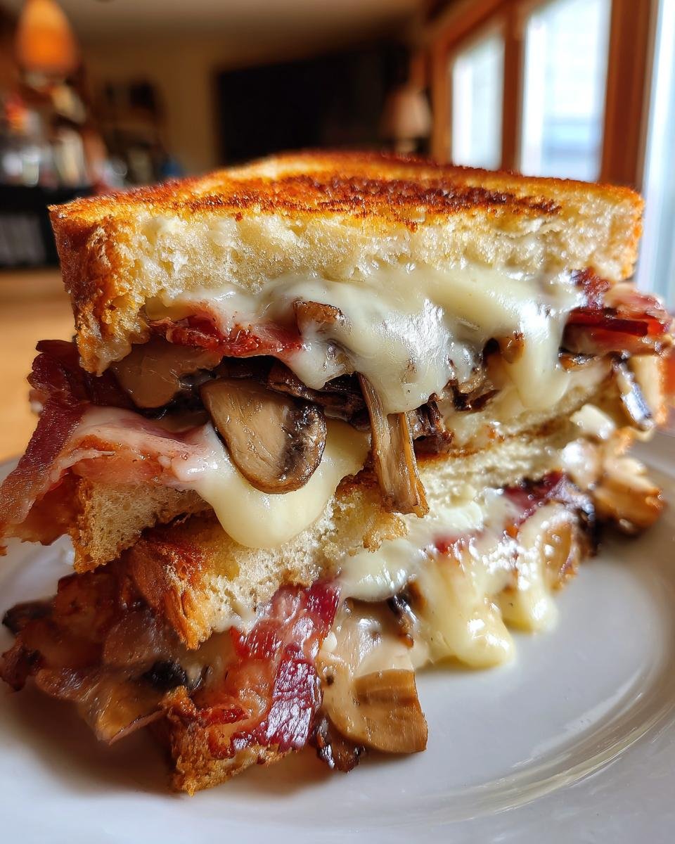 Close-up of a halved Double Bacon Swiss Mushroom Melt showing gooey melted Swiss cheese, bacon, and saut&eacute;ed mushrooms.