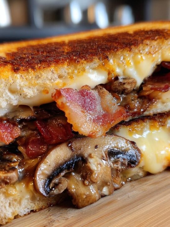 Close-up of a toasted Double Bacon Swiss Mushroom Melt oozing melted Swiss cheese, bacon, and saut&eacute;ed mushrooms.
