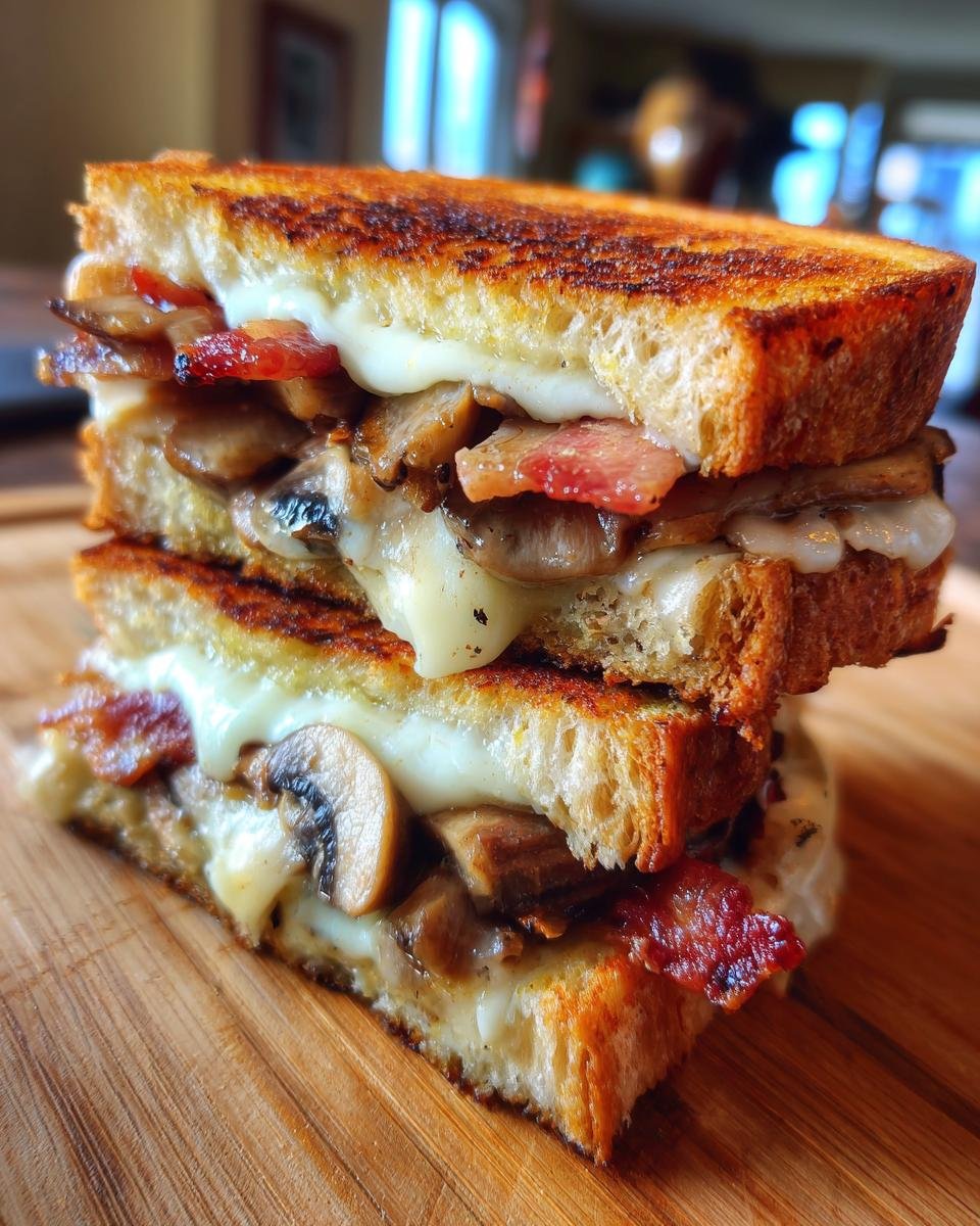 A tall stack of a Double Bacon Swiss Mushroom Melt sandwich, showing melted cheese and bacon spilling out.