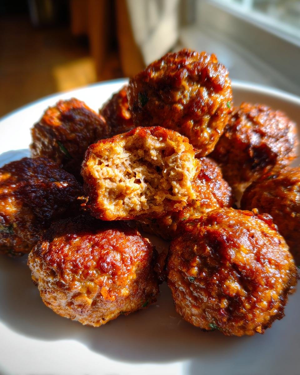 A pile of golden-brown Easy Thai Baked Chicken Meatballs, one broken open to show the texture inside.