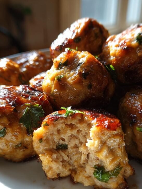 Close-up of glossy, baked Easy Thai Baked Chicken Meatballs, one cut open showing the texture.
