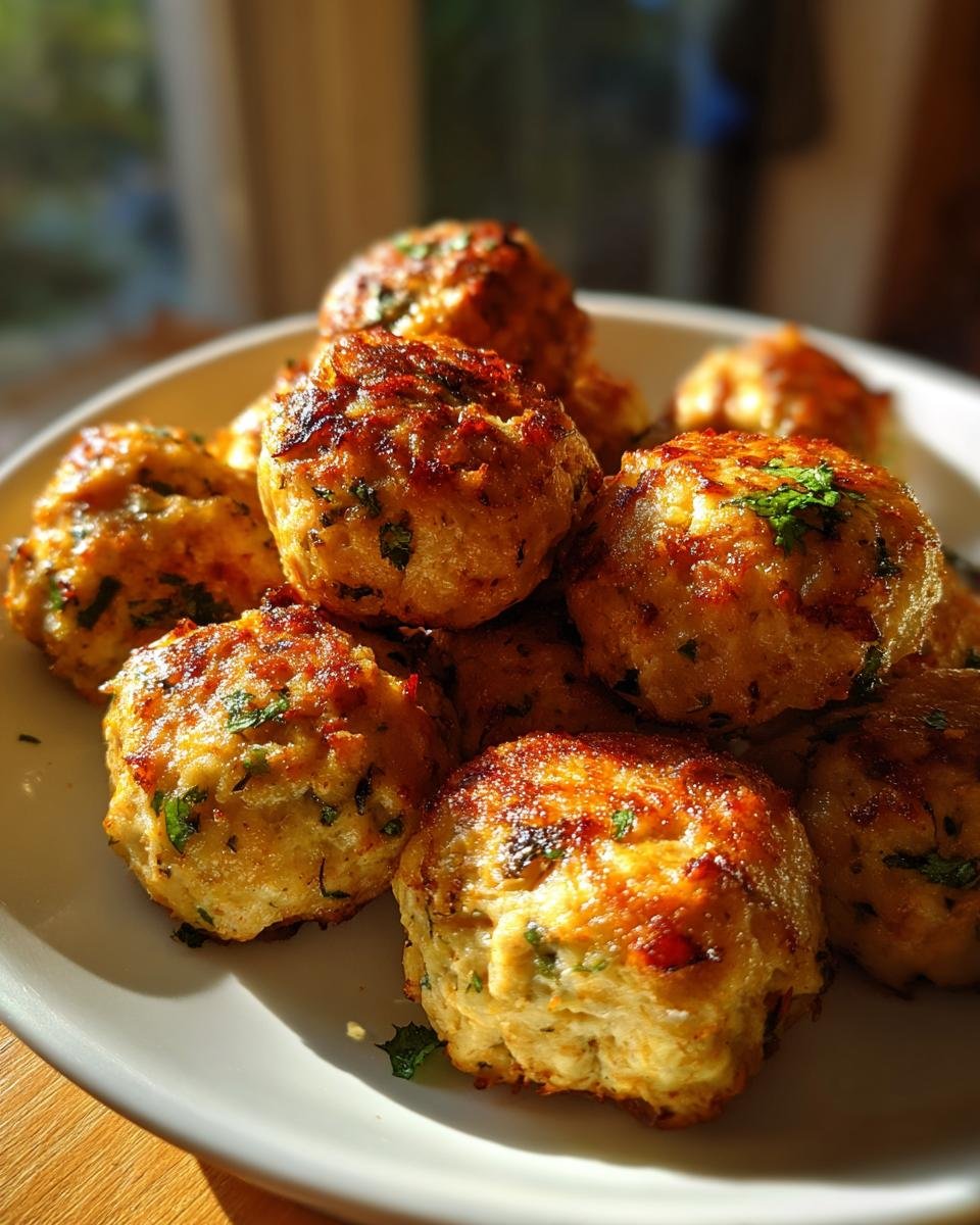 Close-up of golden brown Easy Thai Baked Chicken Meatballs stacked on a white plate, garnished with herbs.