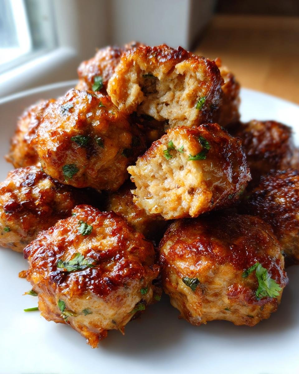 A close-up pile of glazed, baked Easy Thai Baked Chicken Meatballs, one is broken open showing the moist interior.