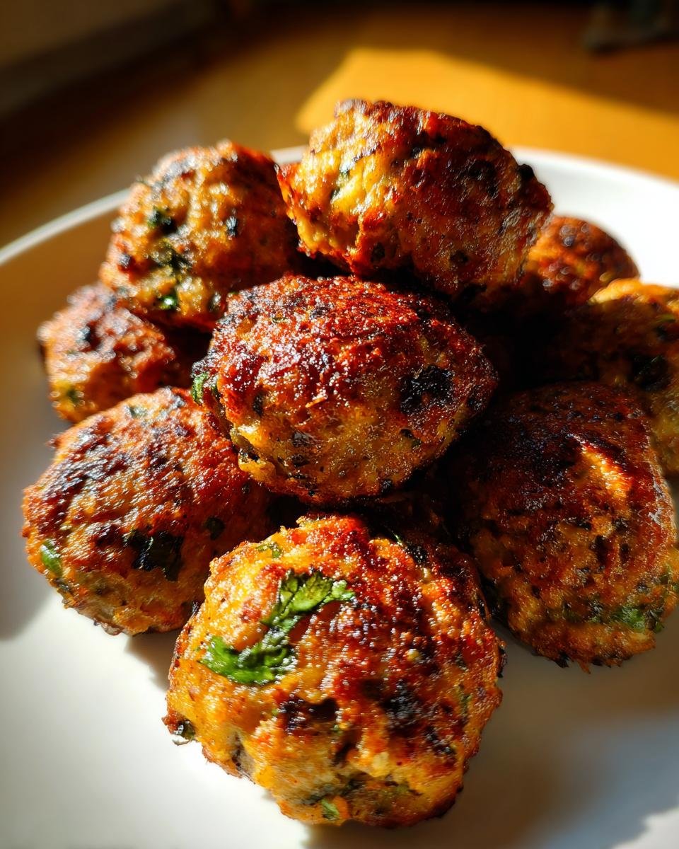 A close-up stack of golden brown, perfectly baked Easy Thai Chicken Meatballs with visible herbs.