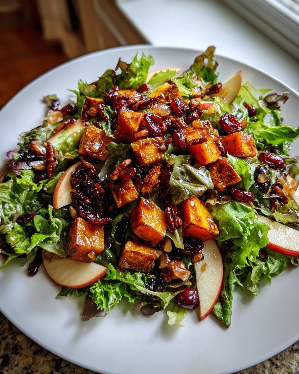 Close-up of a vibrant Fall Harvest Salad With Butternut Squash And Apple slices on a white plate.