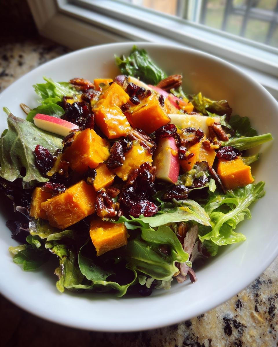 Close-up of a vibrant Fall Harvest Salad With Butternut Squash, apples, pecans, and dried cranberries.