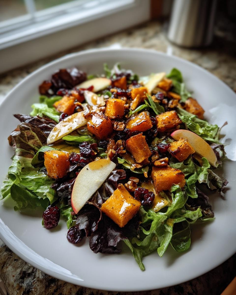Close-up of a Fall Harvest Salad With Butternut Squash, apples, cranberries, and nuts on a white plate.