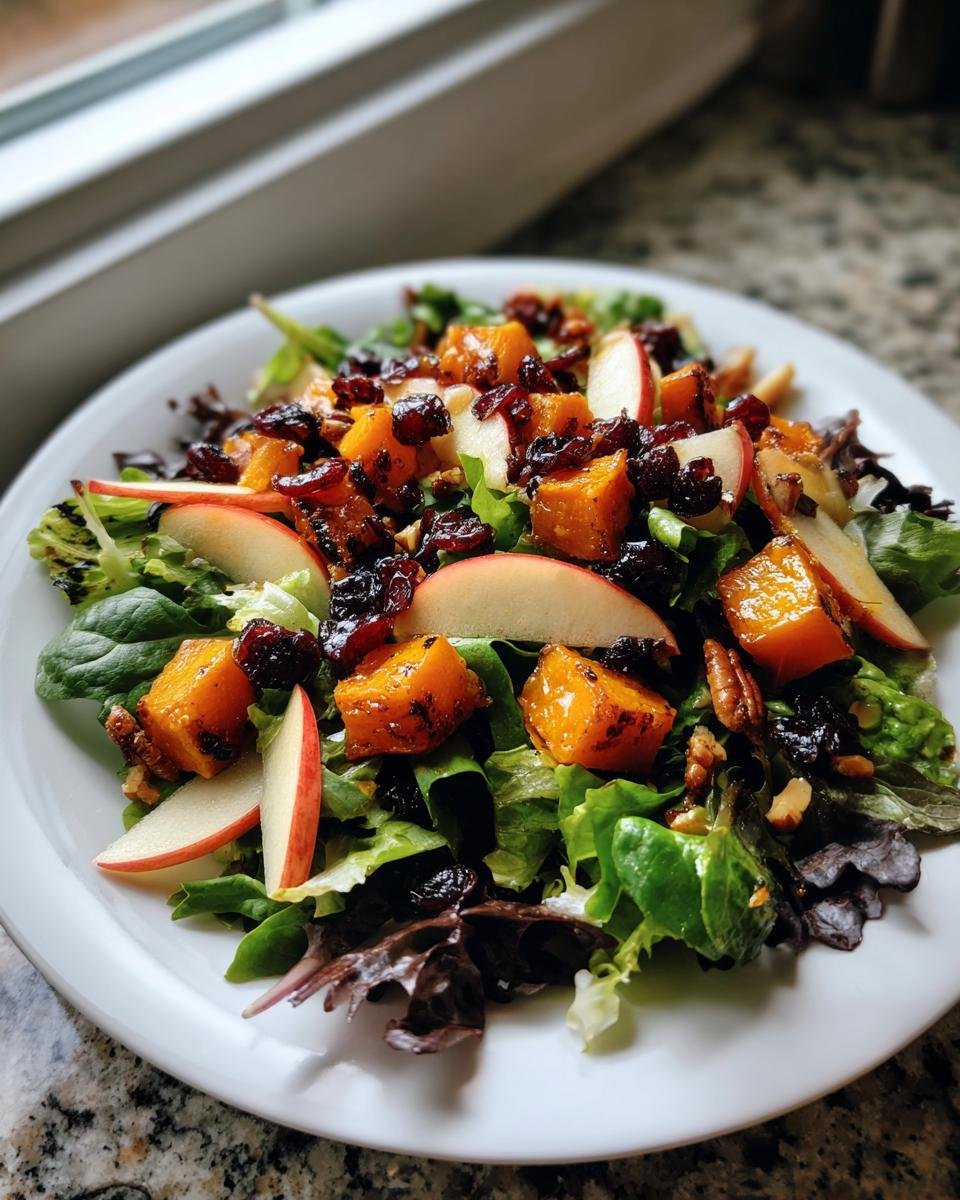 Close-up of a vibrant Fall Harvest Salad With Butternut Squash And Apple slices on a white plate.