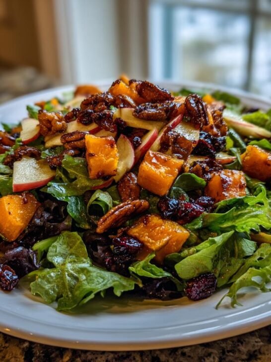Close-up of a vibrant Fall Harvest Salad With Butternut Squash, apples, pecans, and dried cranberries on mixed greens.