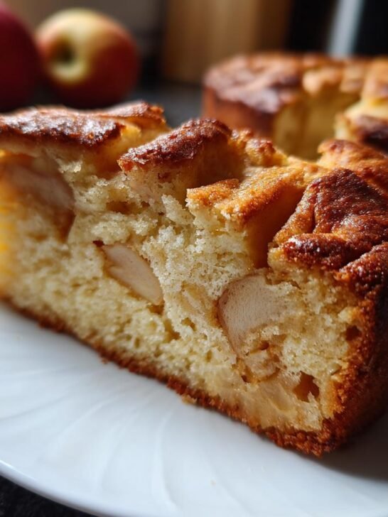 Close-up of a thick slice of moist Spiced Apple Cake showing baked apple pieces inside the crumb.